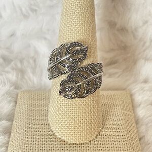 Silver Leaf Bypass Ring Crystal Wrap Ring Size 9